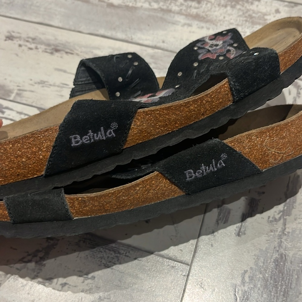 Birkenstock Betula Zara Black Floral Embroidered Vegan Suede Crystal Sandals 9.5 - Picture 3 of 5